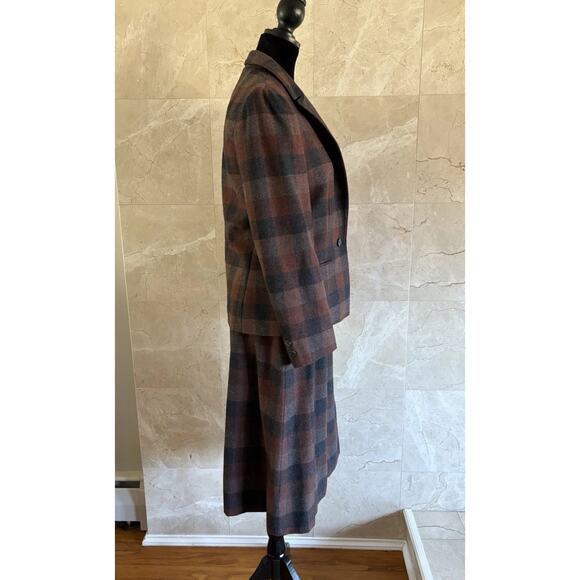 VTG Pendleton Plaid Wool Blazer Skirt Set - Small Brown USA Dark Academia Preppy - Picture 5 of 15